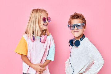 trendy boy and girl blonde hair fashionable glasses casual kids fashion