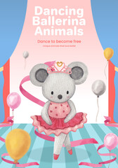 Poster template with Fairy ballerinas animals concept,watercolor style