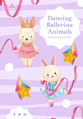 Poster template with Fairy ballerinas animals concept,watercolor style
