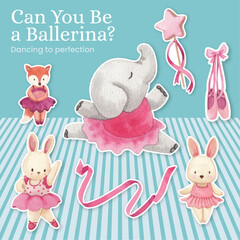 Obraz na płótnie Canvas Sticker template with Fairy ballerinas animals concept,watercolor style