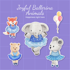 Sticker template with Fairy ballerinas animals concept,watercolor style