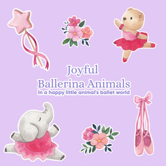 Sticker template with Fairy ballerinas animals concept,watercolor style