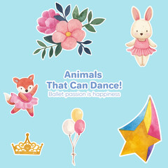 Sticker template with Fairy ballerinas animals concept,watercolor style