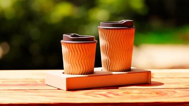 Disposable cups for coffee or tea. Paper coffee cups on a wooden bench in a park