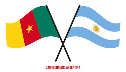 Cameroon and Argentina Flags Crossed And Waving Flat Style. Official Proportion. Correct Colors.