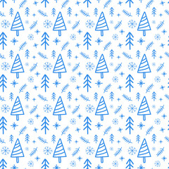 Blue winter seamless pattern. New Year tree, snowflake on white background repeat print. Christmas ornament for textile, fabric, wallpaper, wrapping paper and decoration.