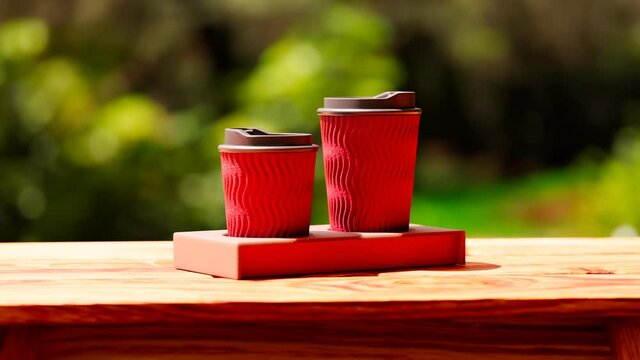 Disposable cups for coffee or tea. Paper coffee cups on a wooden bench in a park