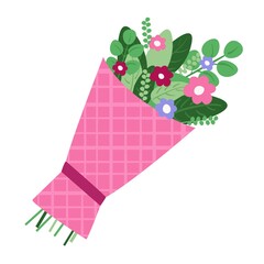 Vector illustration of a bouquet of flowers in a beautiful festive packaging. Valentine's Day gift.