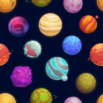 Cartoon space planets and stars seamless pattern, vector galaxy background. Asteroids and fantasy space planets in space with meteorites, meteors and comets, cartoon cosmic planetary sky background