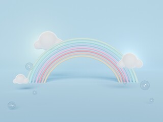 3D rendering of colorful pastel clouds and rainbow with empty space for kids or baby products.