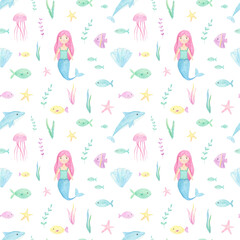 Ocean creatures watercolor cute seamless pattern with a mermaid, whales, fish, seashells isolated on white background. Perfect for kids textile, fabric, covers.  Soft light colors. 