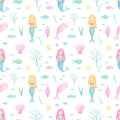 Ocean creatures watercolor cute seamless pattern with a mermaid, whales, fish, seashells isolated on white background. Perfect for kids textile, fabric, covers.  Soft light colors. 