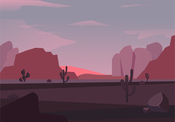 Fototapeta na wymiar Purple desert with mountains at sunrise illustration. Brown canyons with black stones pink skies and thorny plants natural panorama of sahara arid desert with. Vector cartoon background.