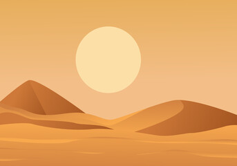 Hot desert with setting sun landscape. Yellow large disc hanging on sand dunes arid plain without plants and animals disastrous dry place arizona wilderness. Vector cartoon background.