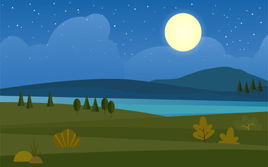 Night landscape with mountain river forest illustration. Disc of moon illuminates green valley with trees mountain ranges meditative panorama natural landscape with water surface. Stage flat vector.