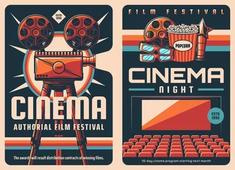 Poster Movie film festival retro posters with vector cinema or movie theater, vintage video projector, film reels and popcorn bucket, 3d glasses and cinematography award. Entertainment event banners © Vector Tradition