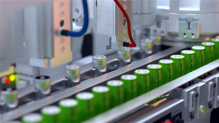 Conveyor line for the production of lithium ion batteries. Ecological energy. 3D illustration. 3D rendering.