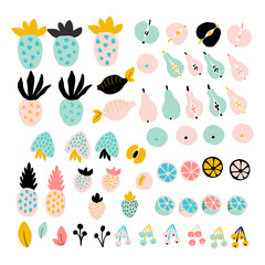 Abstract fruits set in contemporary style. Vector illustration strawberry, cherry, pineapple, apple, pear, orange. Trendy shapes exotic fruits.Botanical mix, collage art. Isolated on white background.