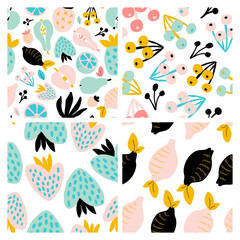 Abstract fruit seamless pattern set. Modern cutout figures tropical illustration. Collage contemporary print, hand drawn fruits, berries. Graphic pattern apples, strawberry, peach, pear and pineapple.