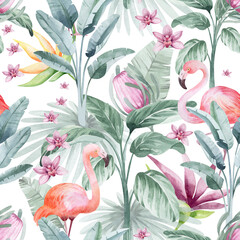 Fototapeta premium watercolor seamless pattern. floral background tropical blooming flowers and leaves with flamingo birds. Plants and flowers of Australia. Pink flamingo. for fabric, textile, roll wallpaper, design