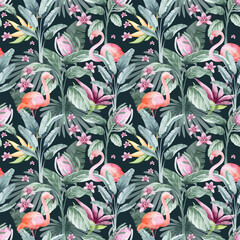 watercolor seamless pattern. floral background tropical blooming flowers and leaves with flamingo birds. Plants and flowers of Australia. Pink flamingo. for fabric, textile, roll wallpaper, design