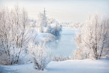 Trees on the banks of the river in white snow frost in the Moscow region on a winter sunny evening