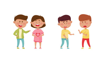 Warring Boywith Offensive Behavior Insulting Crying Girl Agemate Vector Set