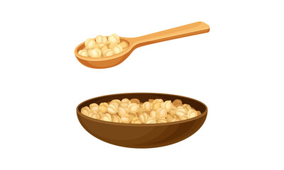 Pile of Raw and Dry Beige Chickpeas Rested in Wooden Bowl and Scoop Vector Set
