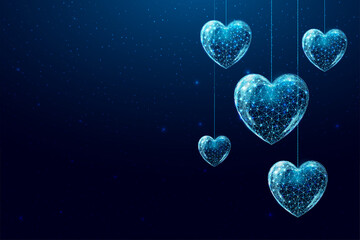 Wireframe hearts in low poly style. Happy Valentine's day banner. Abstract modern 3d vector illustration on dark blue background