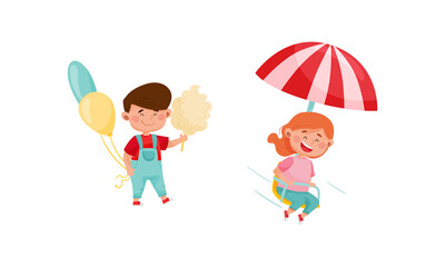 Happy kids having fun in amusement park set. Boy and girl riding carousel and and eating cotton candy cartoon vector illustration
