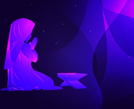 Glowing praying Muslim girl premium vector illustration with abstract background
