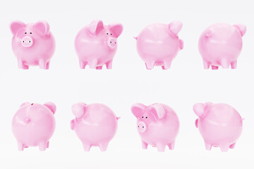 Pink Piggy Banks Multiple Views. 3D Rendering Illustration. Isolated On White Background. Cute Pink Personal Savings Bank.