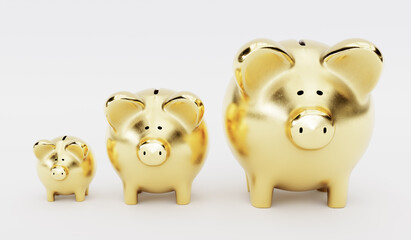 Golden Piggy Banks Growing In Size. 3D Rendering Illustration. Isolated On White Background. Cute Gold Personal Savings Bank. Showing Growth and Change In Money.