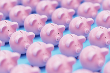 Pink Piggy Banks Arranged In a Grid. 3D Rendering Illustration. Isolated On Light Blue Background. Blurry Bokeh. Cute Personal Savings Bank. Pattern.