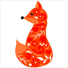 Fox, vector, animal, design, children's, sticker, scandinavian, cartoon, style, flower, pattern, beast, eye, leaf, fox, isolated, white background, for engraving, stencil, tattoo, illustration, red, t