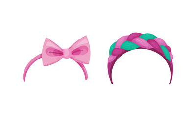 Hair accessories for hairstyle set. Stylish textile headbands decorated with bow knot and braid cartoon vector illustration