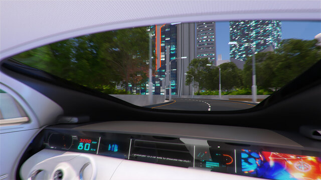 Day view of the city from the car with automatic piloting. 3d illustration.