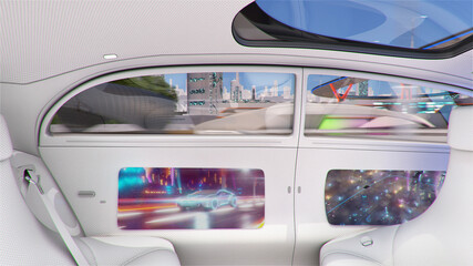 View of the empty interior of the car. Car on autopilot. Modern unmanned vehicle. 3d illustration