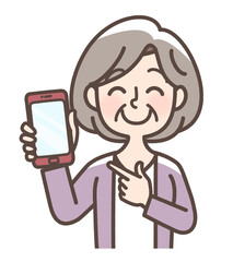 携帯を指差しているおばあさん