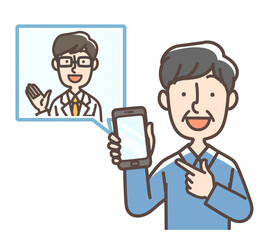 スマートフォンで診察を受けている男性