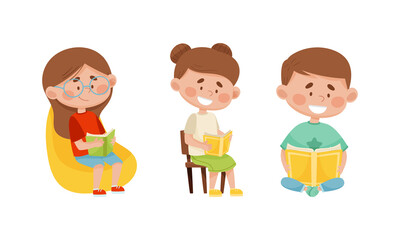 Cute cheerful children reading books set. Elementary school students with books. Kids education cartoon vector illustration