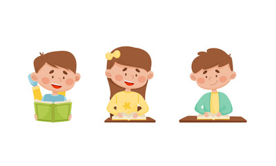 Cute boys reading books in library or in classroom. Elementary school students with books. Kids education cartoon vector illustration
