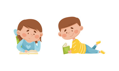 Cute boy and girl lying on floor and reading books set. Elementary school students with books. Kids education cartoon vector illustration