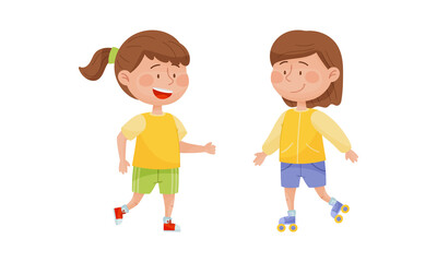 Cute kids doing sports set. Little girls rollerblading and running cartoon vector illustration