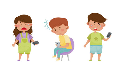 Stressed upset little children using mobile phones. Internet and smartphone addiction, cyberbullying cartoon vector illustration