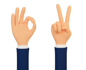 Victory gesture 3d cartoon hand. 3d hand gesture okay. 3d illustration. 3d render.