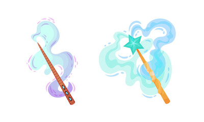 Fairy magic wands set. Fairy sticks with sparkles and smoke cartoon vector illustration