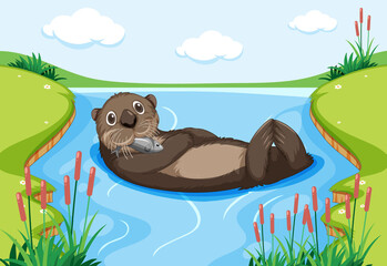 An otter floating on water in the forest © blueringmedia