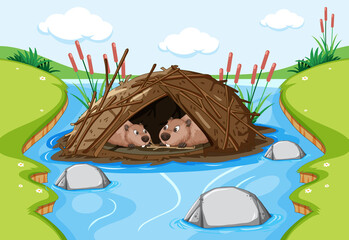Forest scene with beavers live in dam - obrazy, fototapety, plakaty