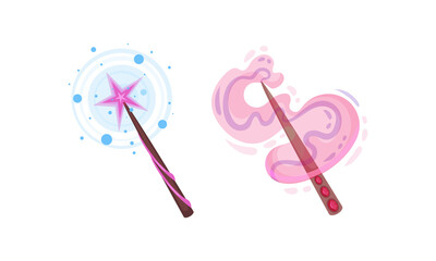 Fairy magic wands with sparkles set. Fairy sticks cartoon vector illustration